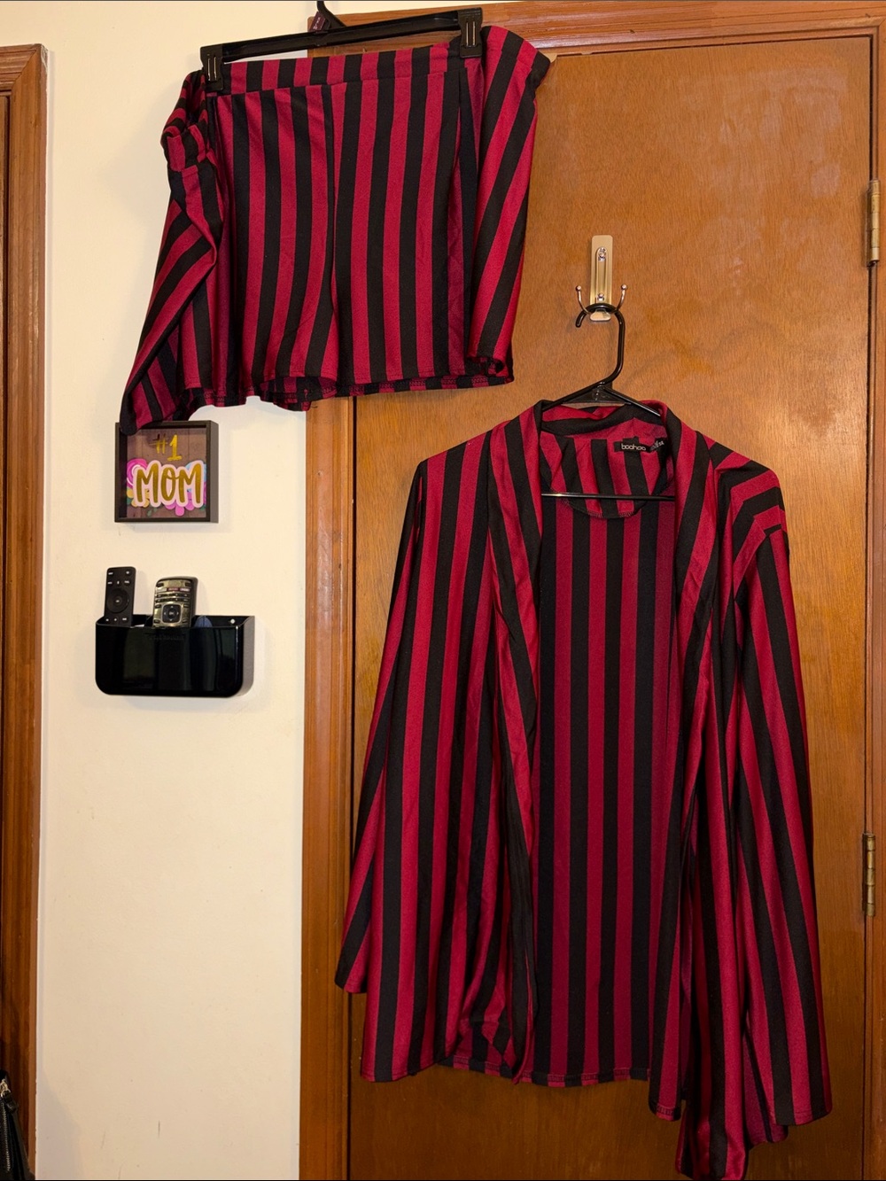 Boohoo Wine and Black Striped Shorts and Jacket Set